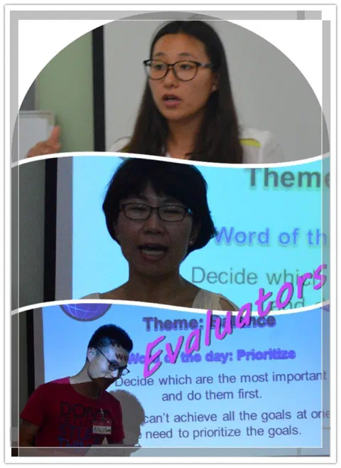 Evaluators, and behind them the slide that tells us what this meeting was about: Theme Balance, Word of the Day Prioritize.