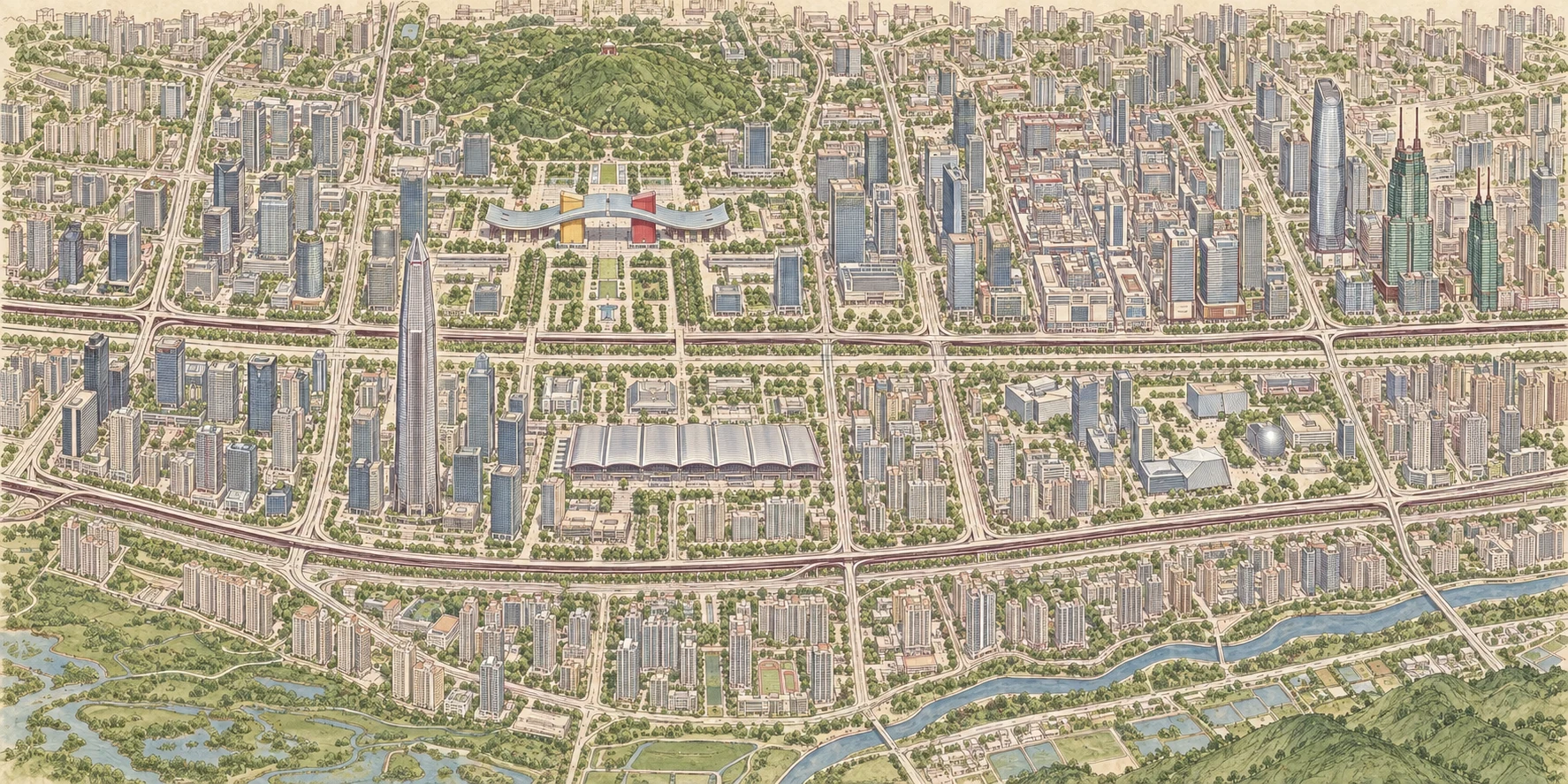 Illustrated schematic of central Shenzhen, north at the top: dense city blocks from Chegongmiao through Futian to Luohu, Lianhuashan and the wing-roofed Civic Center north of Shennan Boulevard, Ping An Finance Centre and the Convention Center to the south, and riverfront neighborhoods and wetlands farther south. Venue pins show approximate areas, not surveyed coordinates.